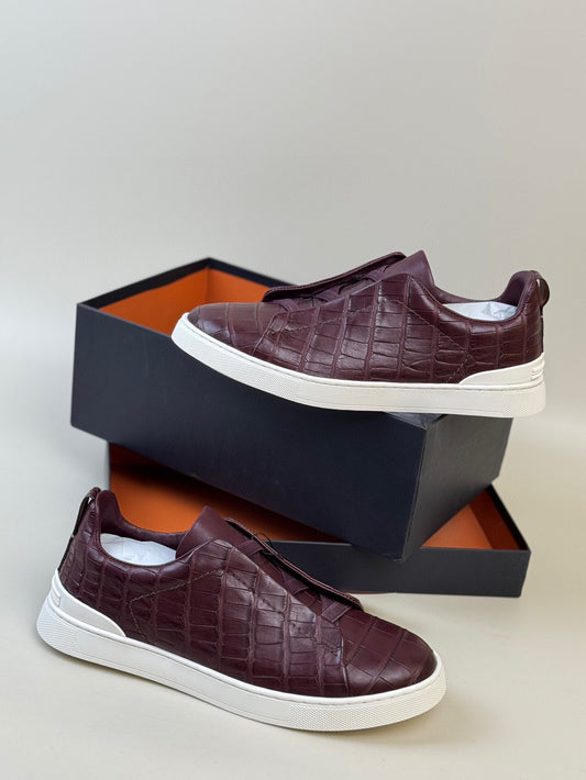 Crocodile Shoes ,Crocodile Skin Leather Sneakers Wine Red