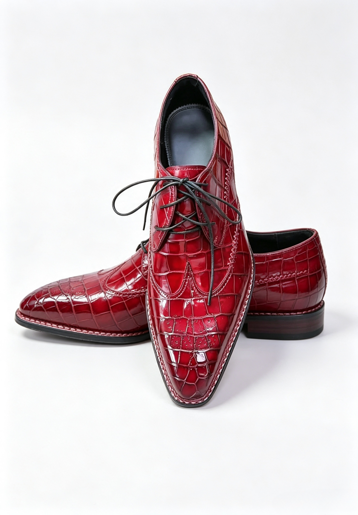 Men's Norwegian Sewn Crocodile Leather Slip-On Business Shoes Vintage Red