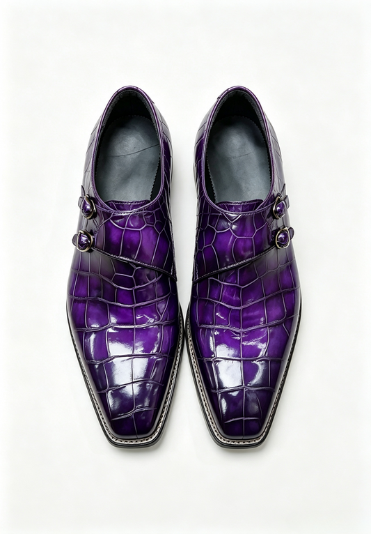 Men's Norwegian Sewn Crocodile Leather Double Monk Strap Business Dress Shoes Purple
