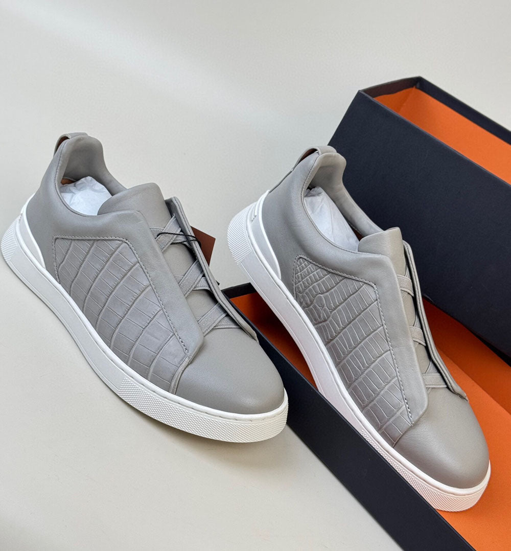 Crocodile Shoes , Calfskin Leather Mid-Genuine Crocodile Skin Leather Sneakers Grey