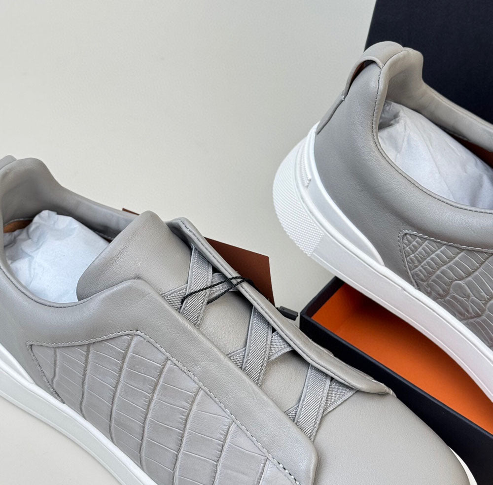 Crocodile Shoes , Calfskin Leather Mid-Genuine Crocodile Skin Leather Sneakers Grey