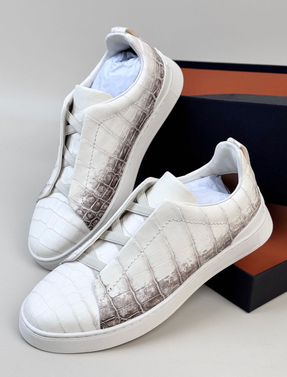 Crocodile Sneakers, Himalayan White Crocodile Skin Leather Sneakers