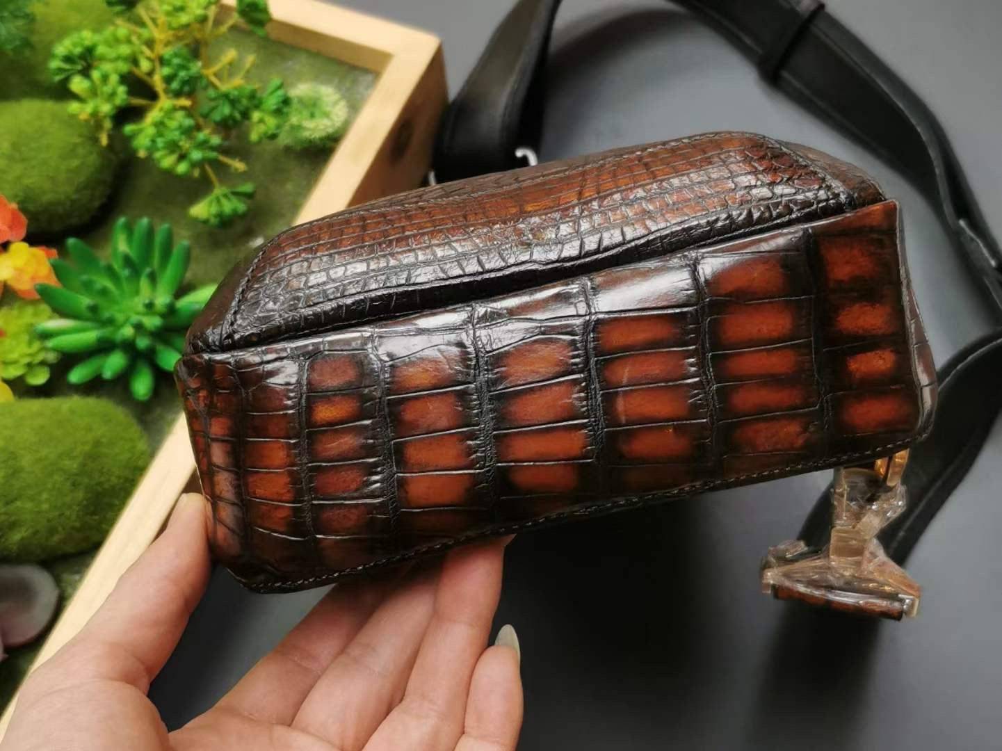 Vintage Brown Genuine Crocodile Skin Leather Chest  Sling Shoulder Bag