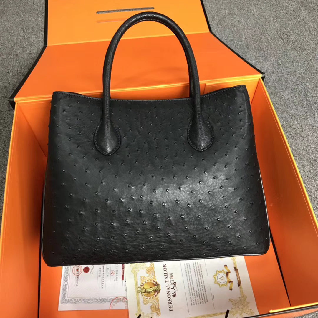 Womens Ostrich Leather Top Handle Shoulder Cross Body Bags Black 33cm