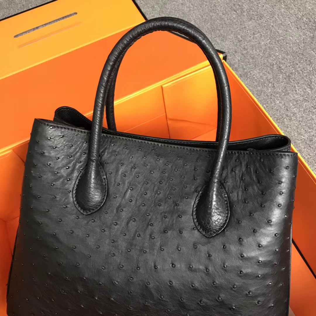 Womens Ostrich Leather Top Handle Shoulder Cross Body Bags Black 33cm