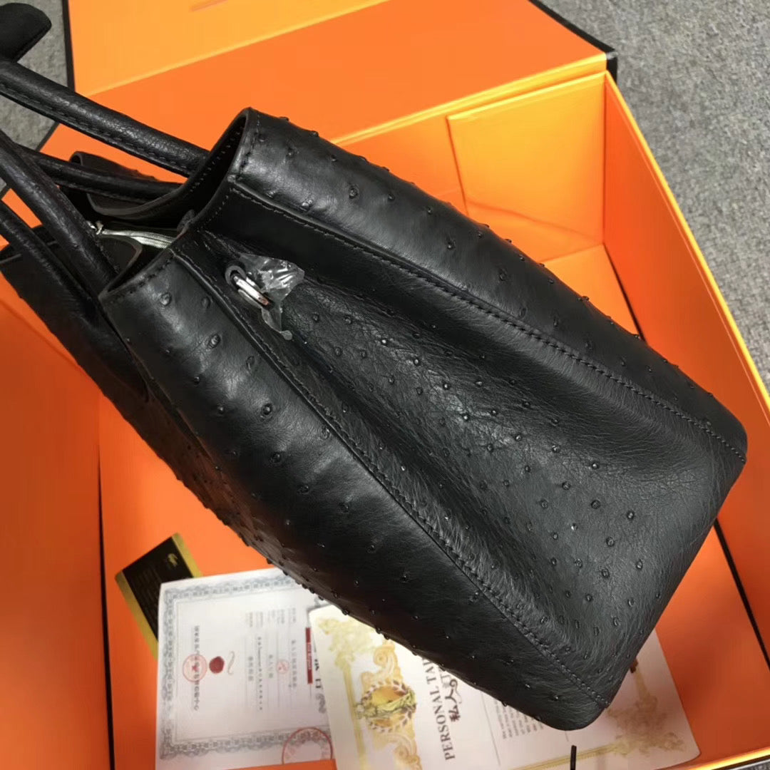 Womens Ostrich Leather Top Handle Shoulder Cross Body Bags Black 33cm