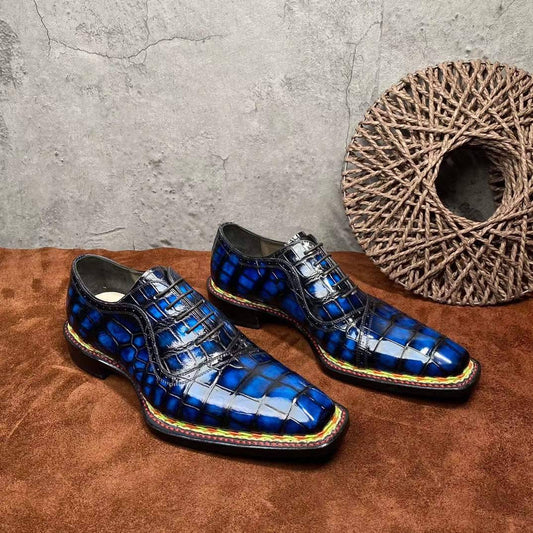 Crocodile Shoes Men's  Crocodile Leather  Norwegian Stitching Lace Up Dress Shoes Vintage Blue