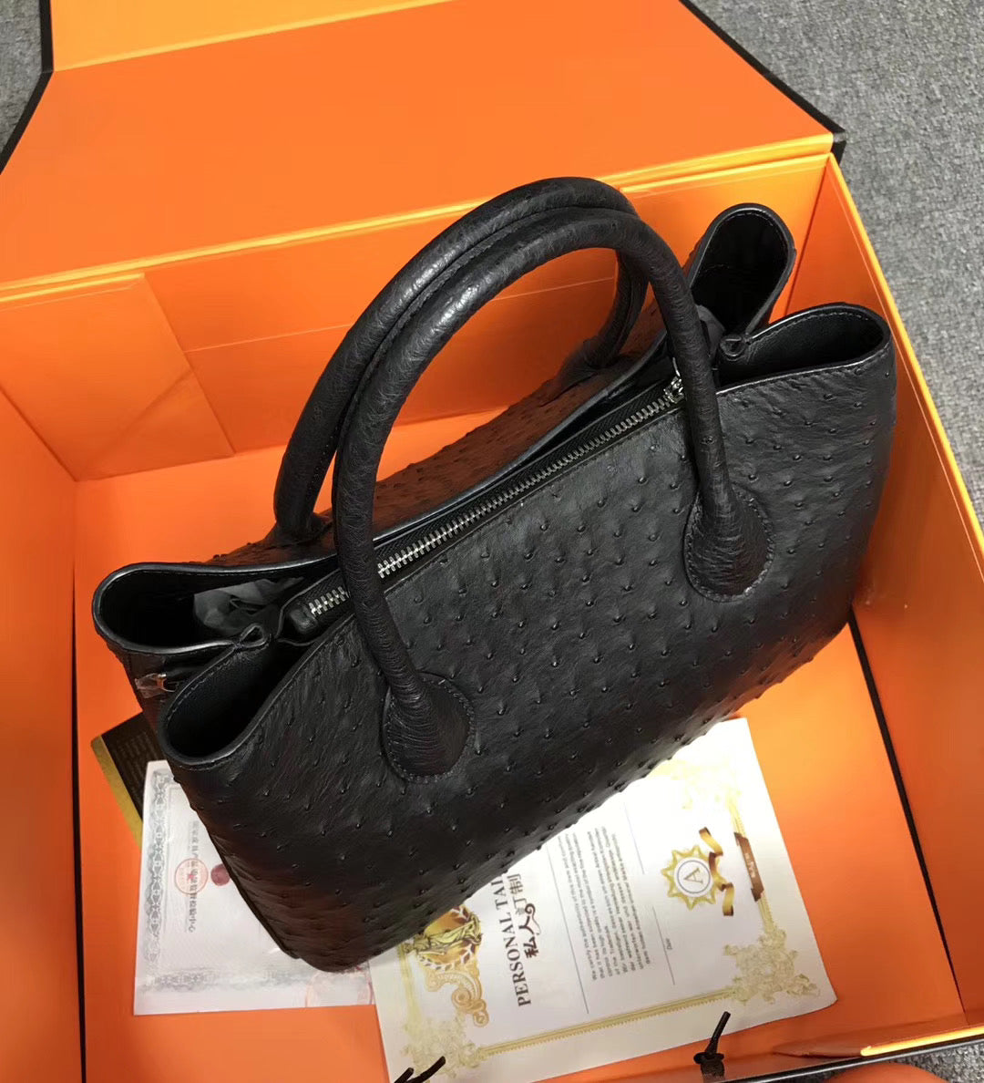 Womens Ostrich Leather Top Handle Shoulder Cross Body Bags Black 33cm