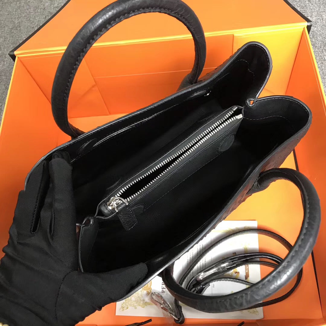 Womens Ostrich Leather Top Handle Shoulder Cross Body Bags Black 33cm