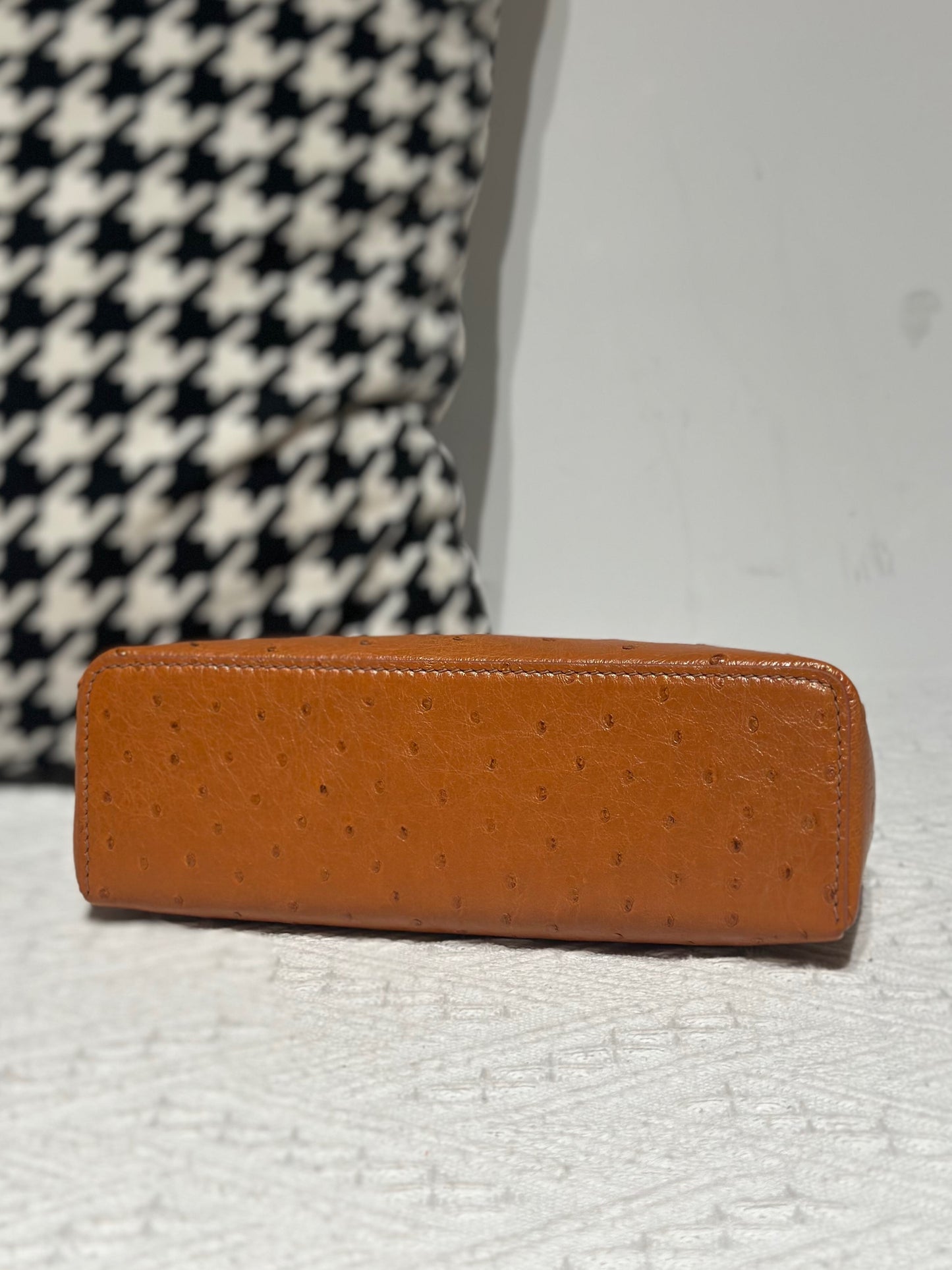 Genuine Ostrich Skin Leather Zipper Cosmetic Handle Bag