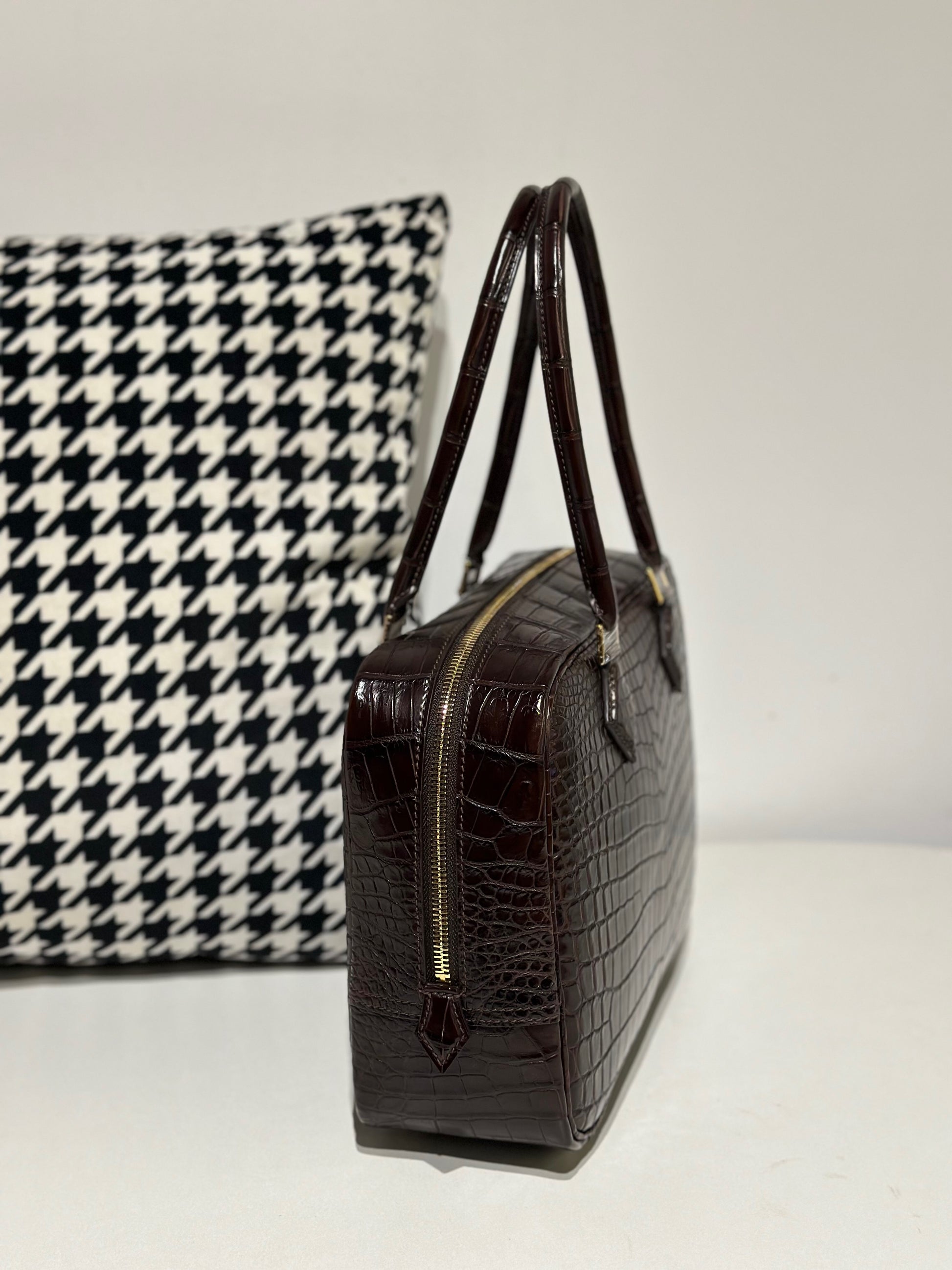 Womens Genuine Crocodile Skin Leathe Top Handle Tote Bag Brown