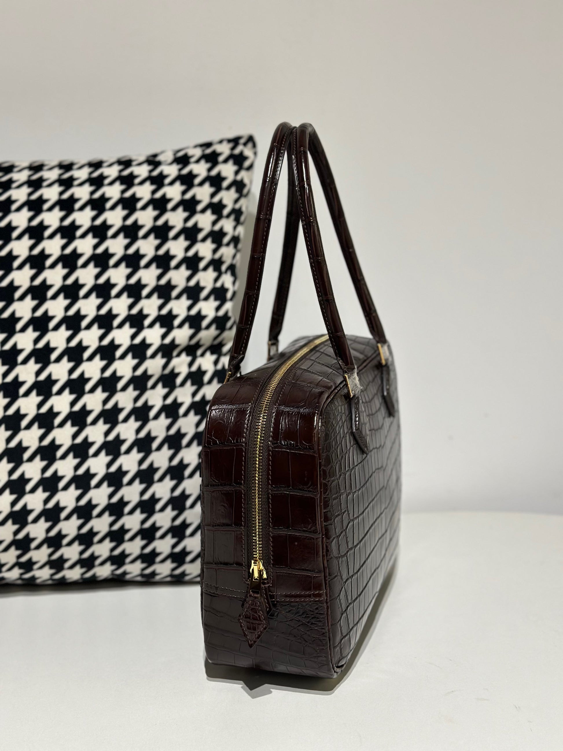 Womens Genuine Crocodile Skin Leathe Top Handle Tote Bag Brown