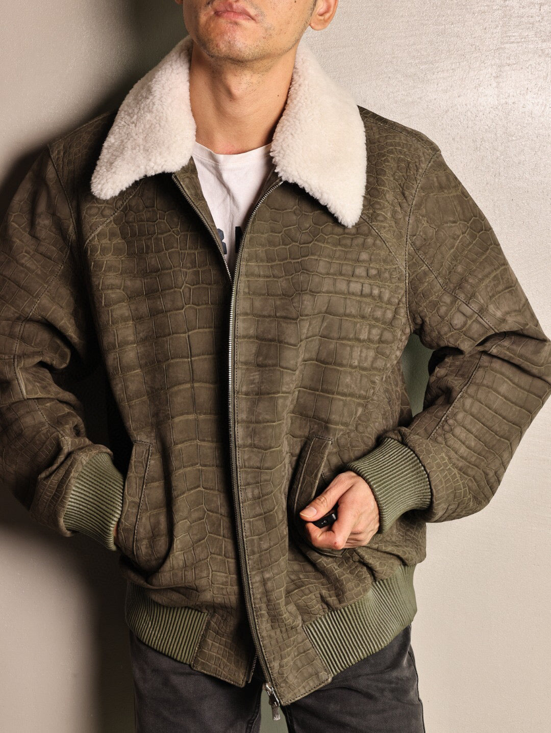 Crocodile Leather Jacket With Wool Collar ,Zip Up Casual Coat Rat Tail Green