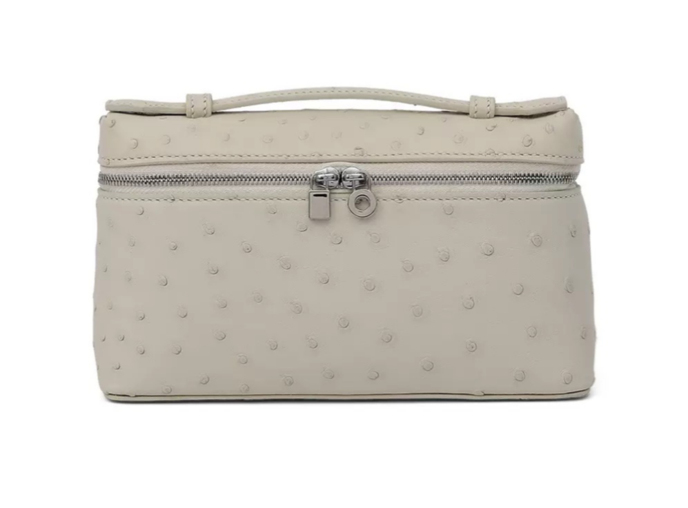 Genuine Ostrich Skin Leather Zipper Cosmetic Handle Bag Large
