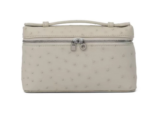 Genuine Ostrich Skin Leather Zipper Cosmetic Handle Bag Large