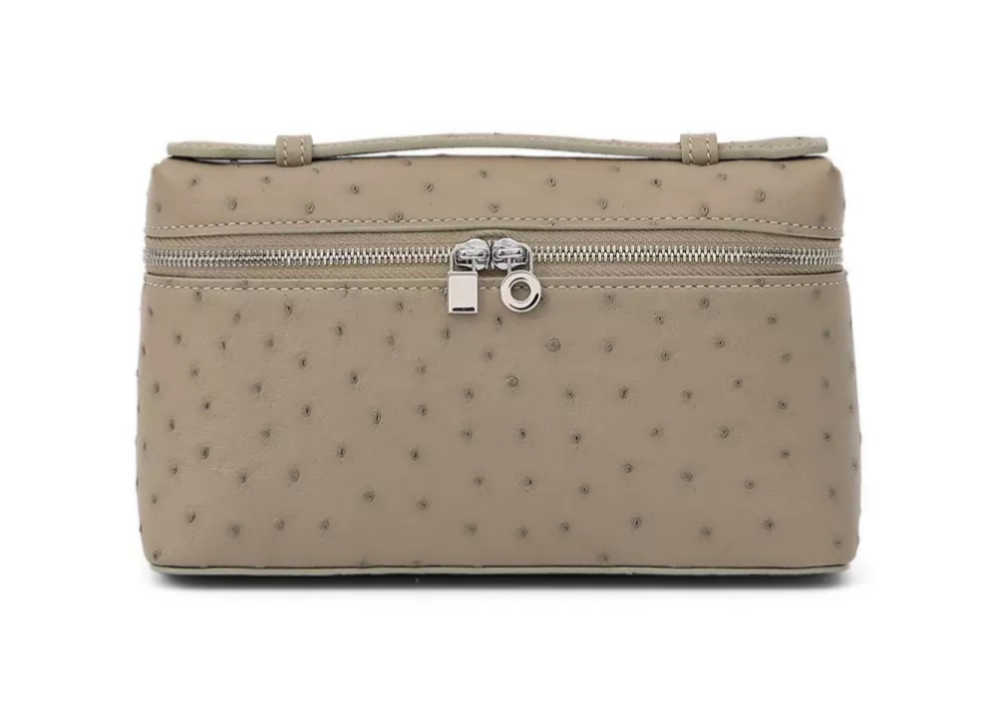 Genuine Ostrich Skin Leather Zipper Cosmetic Handle Bag Large