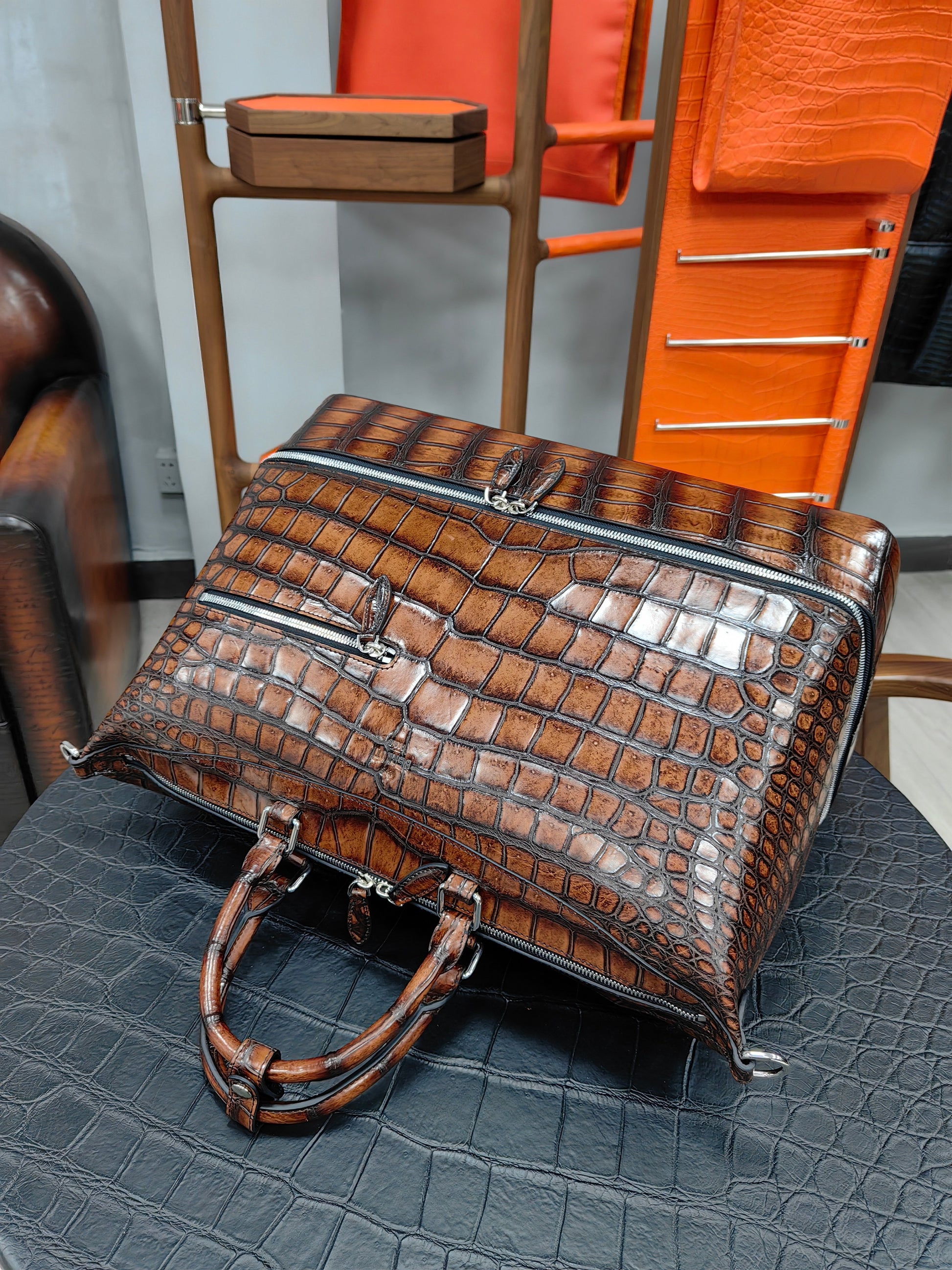 Unisex Vintage Genuine Crocodile Leather Travel Duffel Bag ,Golf Toilet Bag