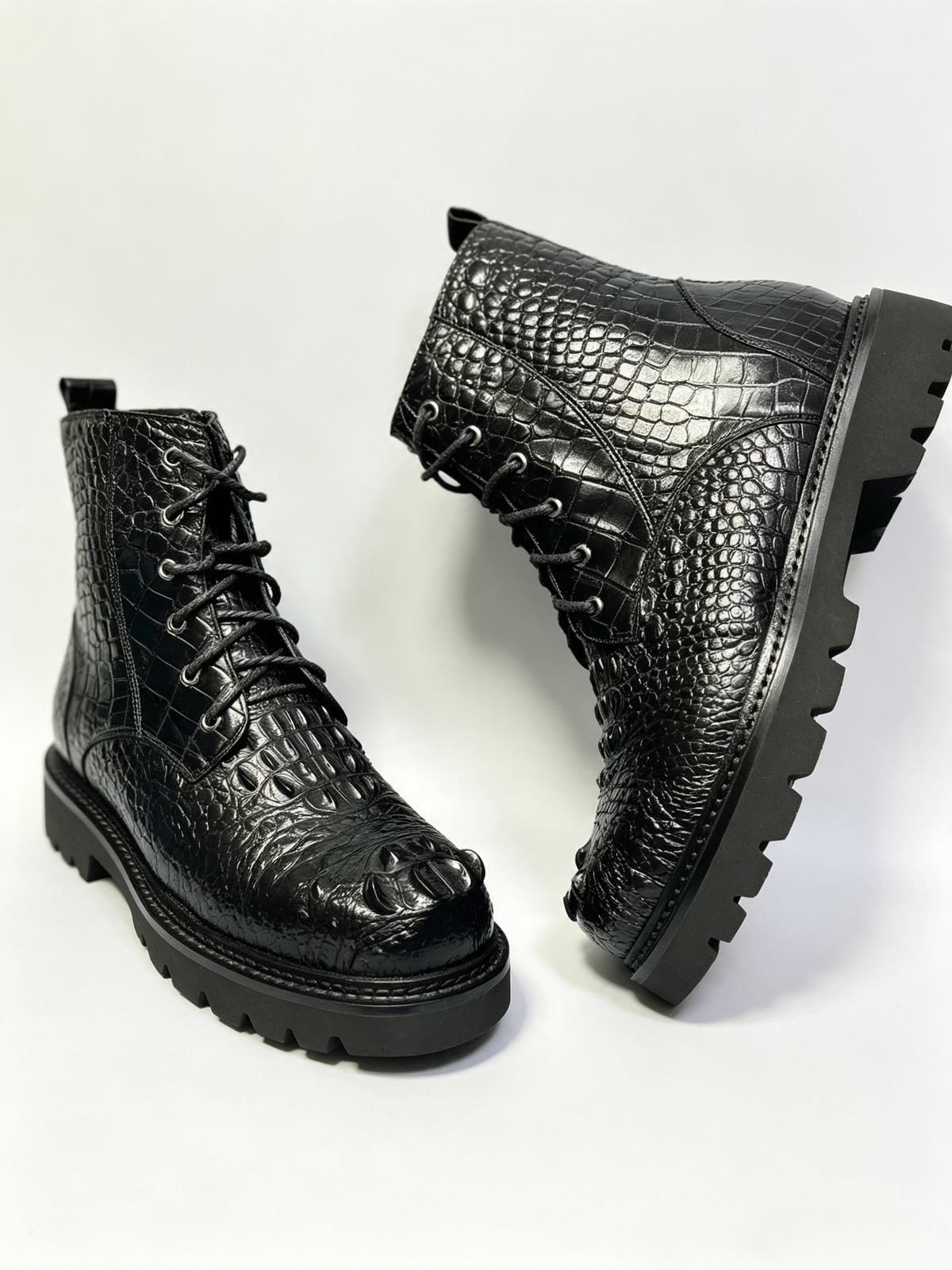 ON SALE ! Crocodile Shoes ,Crocodile Leather Classic Unisex 8-Eye Boots Black