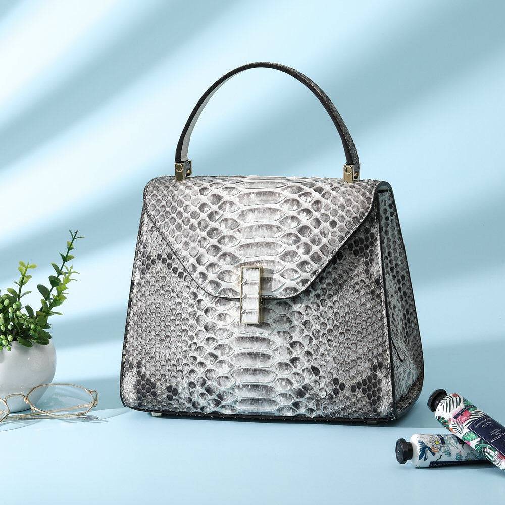 Womens  Python  Grey Leather Small Flap Bag Top Handle Cross Body Handbag