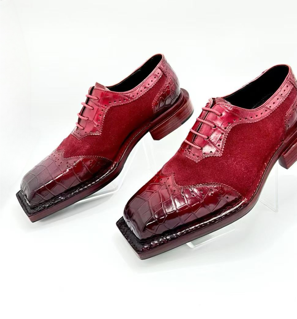 Genuine Crocodile Leather Square-Toe Classic Lace -Up Dress Shoes Wine Red