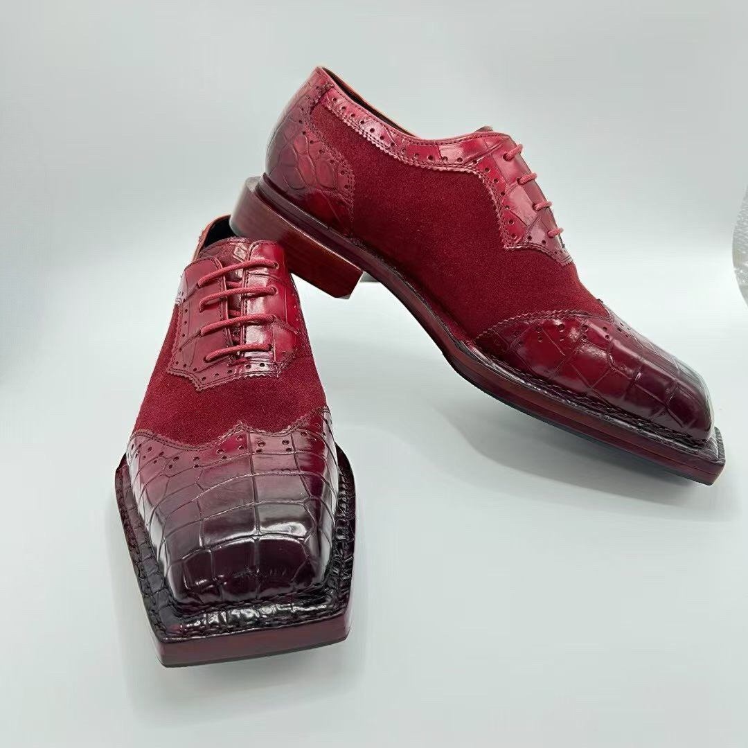 Genuine Crocodile Leather Square-Toe Classic Lace -Up Dress Shoes Wine Red