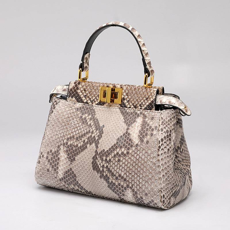 Womens Large Python Leather Bag Bamboo Top Handle Cross Body Handbag