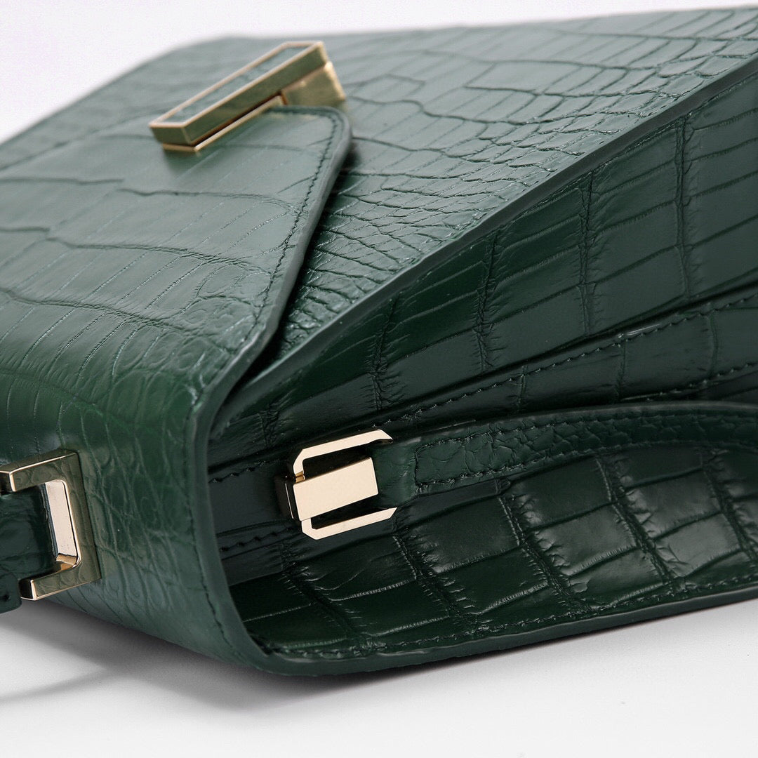 Genuine Crocodile Skin Leather Top Handle Bags Dark Green