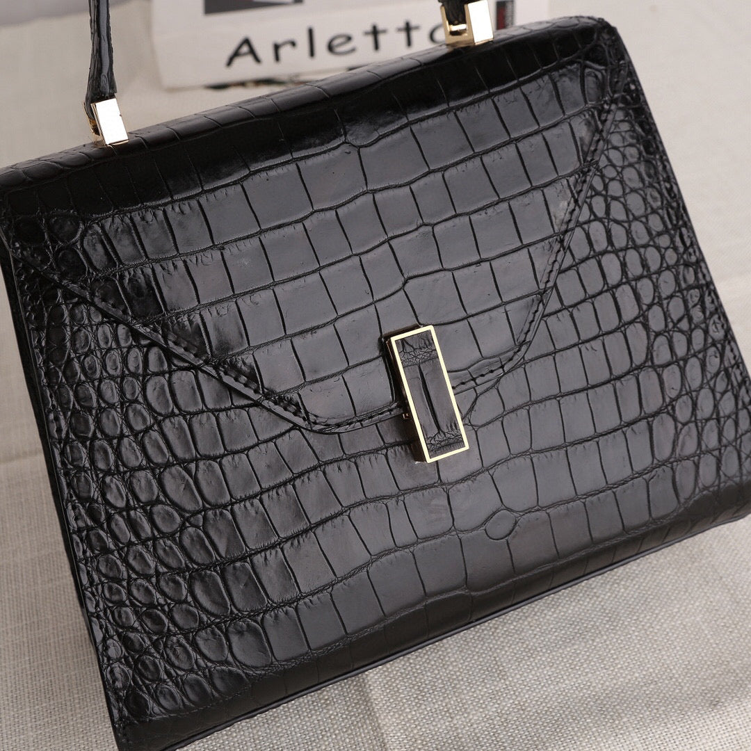 Genuine Crocodile Skin Leather Top Handle Bags Black