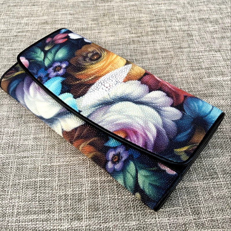 Genuine stingray TriFold Wallet With Floral For Women