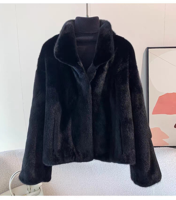 Women's Short Whole Mink Fur Coat,Imported Purple Label Velvet Mink, Stand Collar Short Fur Jacket