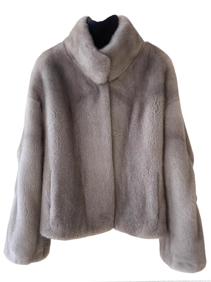 Women's Short Whole Mink Fur Coat,Imported Purple Label Velvet Mink, Stand Collar Short Fur Jacket