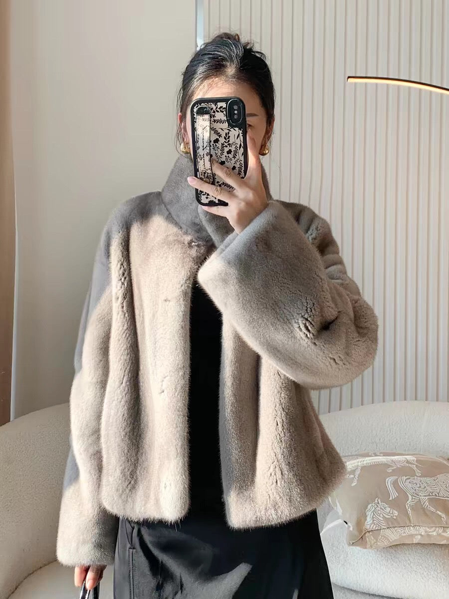 Women's Short Whole Mink Fur Coat,Imported Purple Label Velvet Mink, Stand Collar Short Fur Jacket