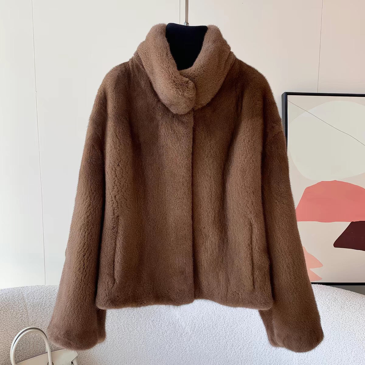 Women's Short Whole Mink Fur Coat,Imported Purple Label Velvet Mink, Stand Collar Short Fur Jacket