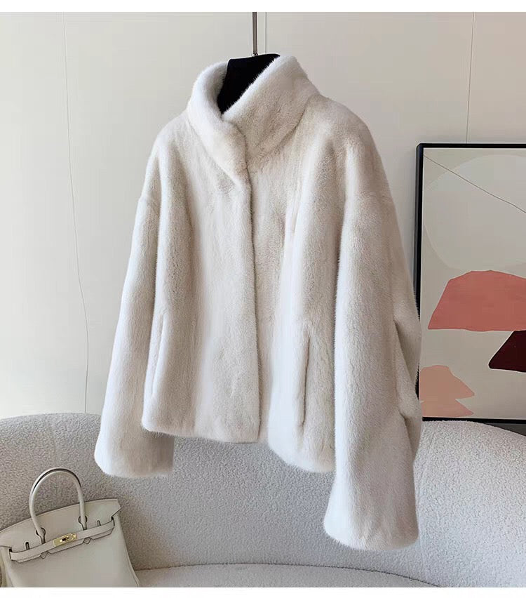 Women's Short Whole Mink Fur Coat,Imported Purple Label Velvet Mink, Stand Collar Short Fur Jacket