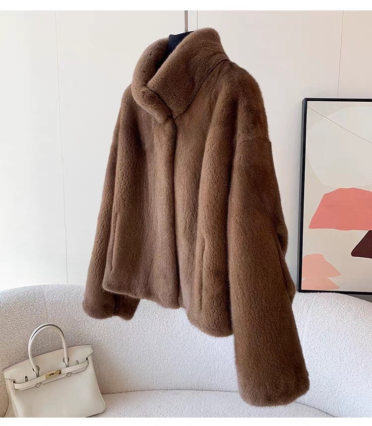 Women's Short Whole Mink Fur Coat,Imported Purple Label Velvet Mink, Stand Collar Short Fur Jacket