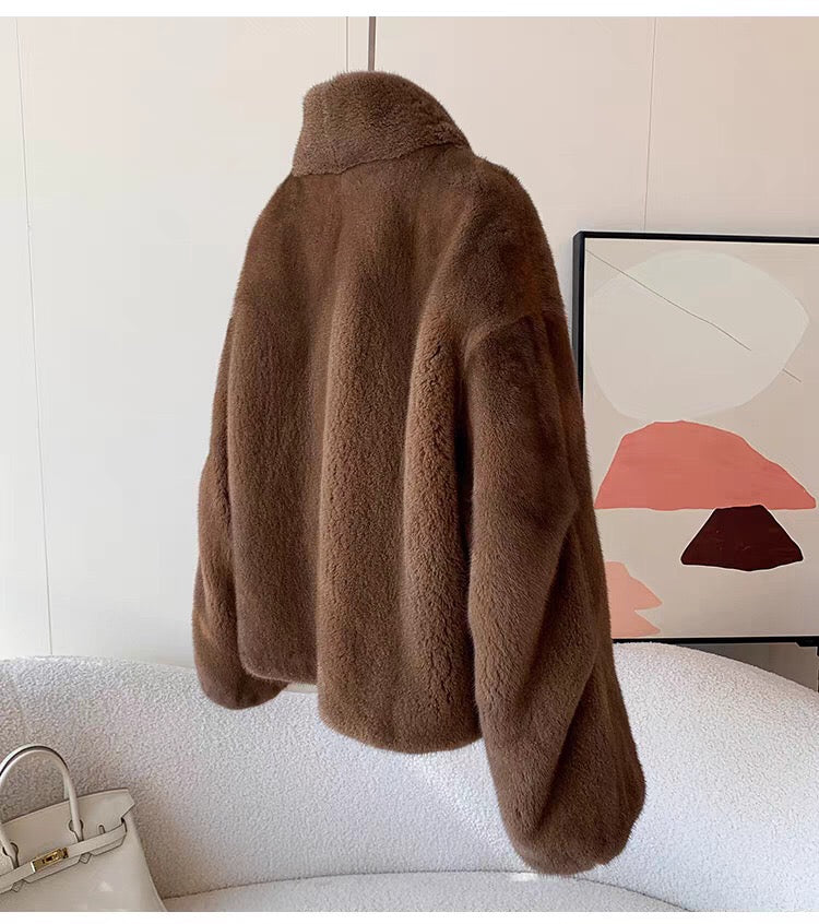 Women's Short Whole Mink Fur Coat,Imported Purple Label Velvet Mink, Stand Collar Short Fur Jacket
