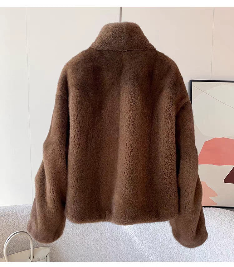 Women's Short Whole Mink Fur Coat,Imported Purple Label Velvet Mink, Stand Collar Short Fur Jacket