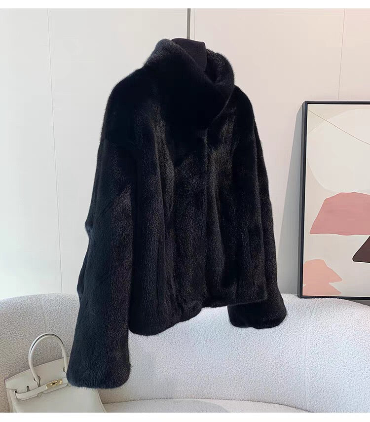 Women's Short Whole Mink Fur Coat,Imported Purple Label Velvet Mink, Stand Collar Short Fur Jacket