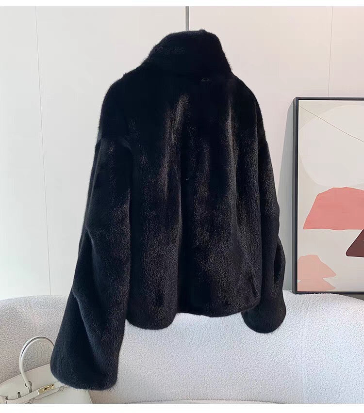 Women's Short Whole Mink Fur Coat,Imported Purple Label Velvet Mink, Stand Collar Short Fur Jacket
