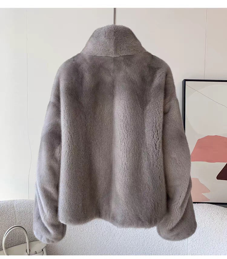 Women's Short Whole Mink Fur Coat,Imported Purple Label Velvet Mink, Stand Collar Short Fur Jacket