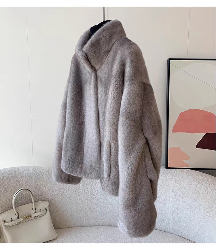 Women's Short Whole Mink Fur Coat,Imported Purple Label Velvet Mink, Stand Collar Short Fur Jacket