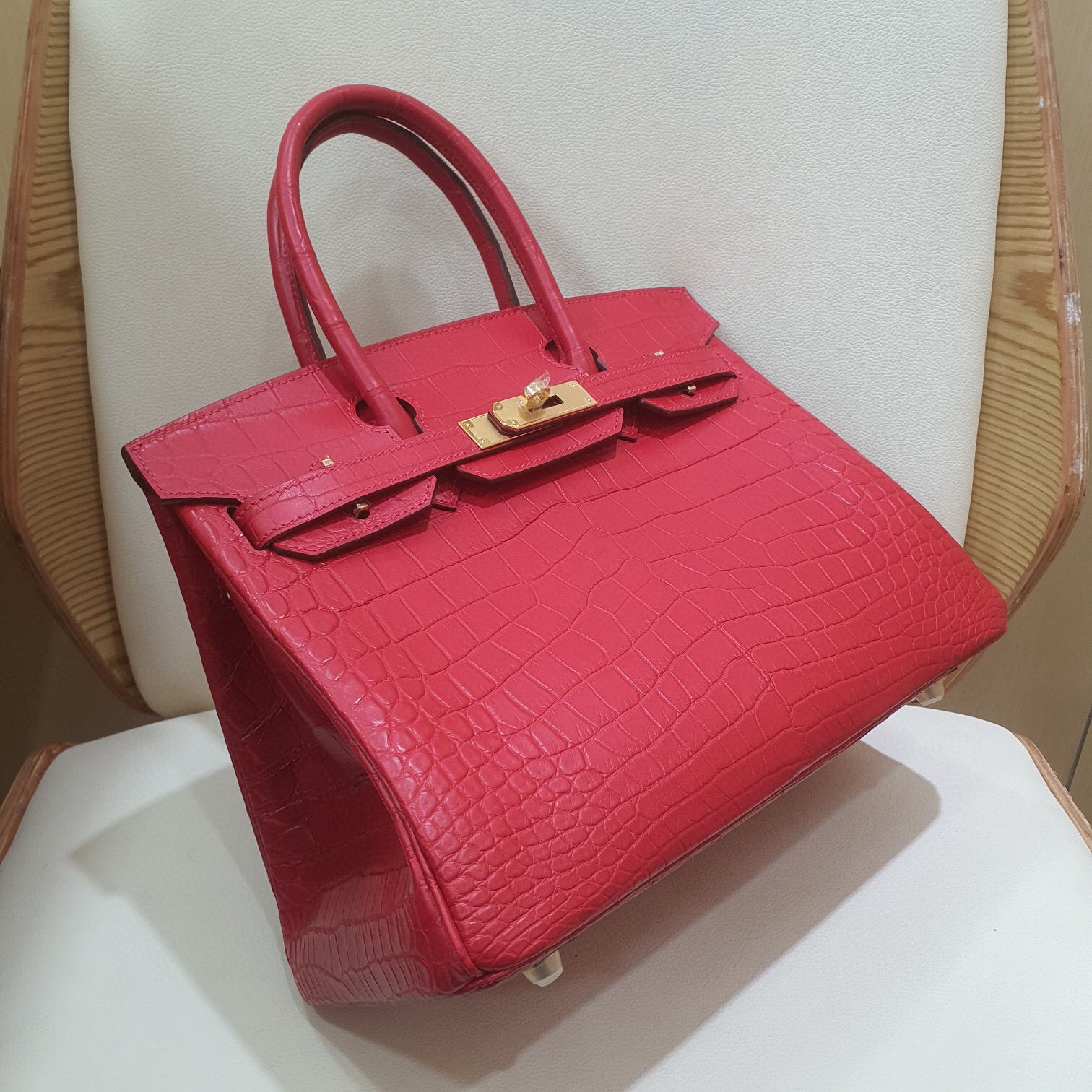 Preorder Women's Crocodile Leather Padlock Top Handle Handbags  Red