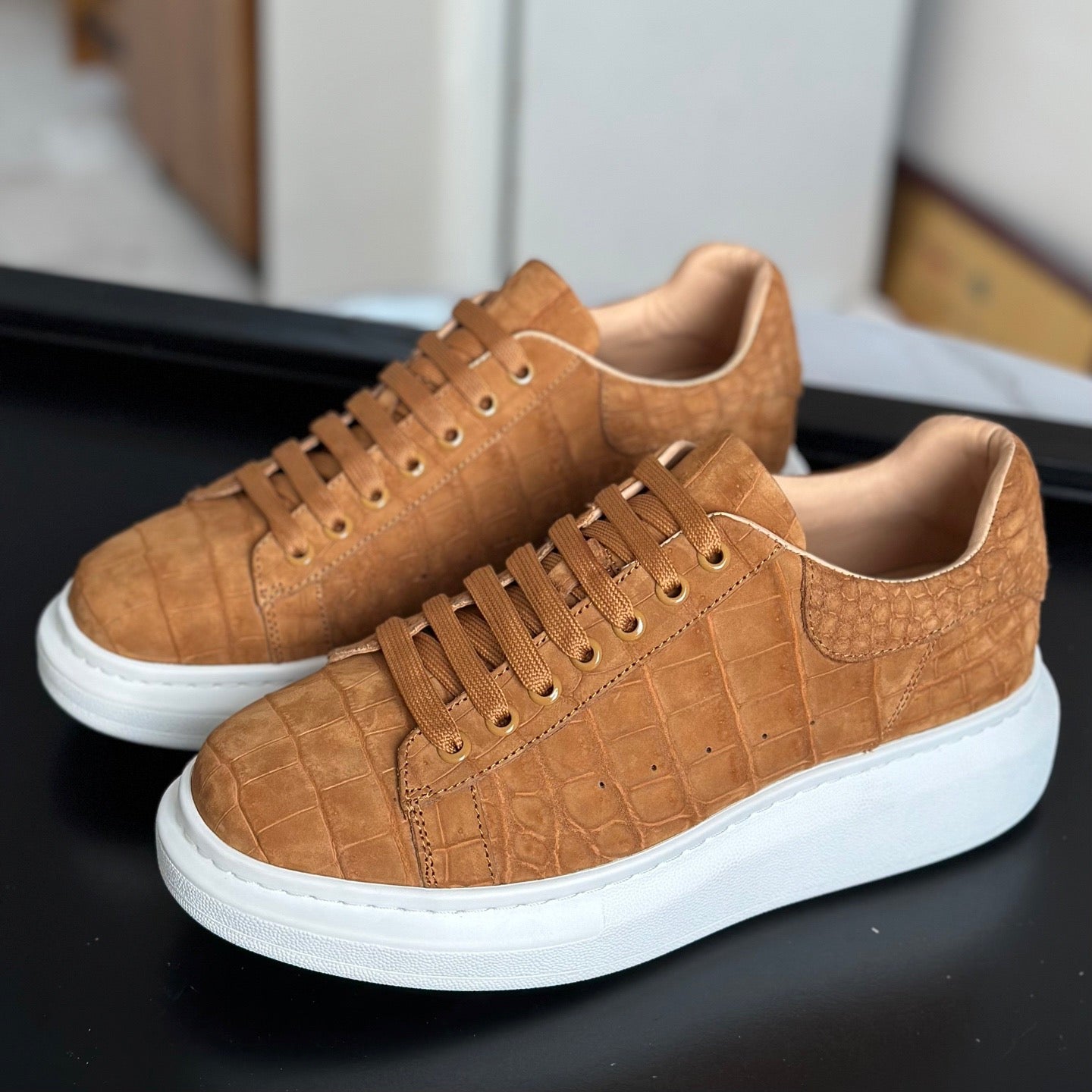 Crocodile Sneakers , Nubuck Genuine Crocodile Leather Sneakers Tan