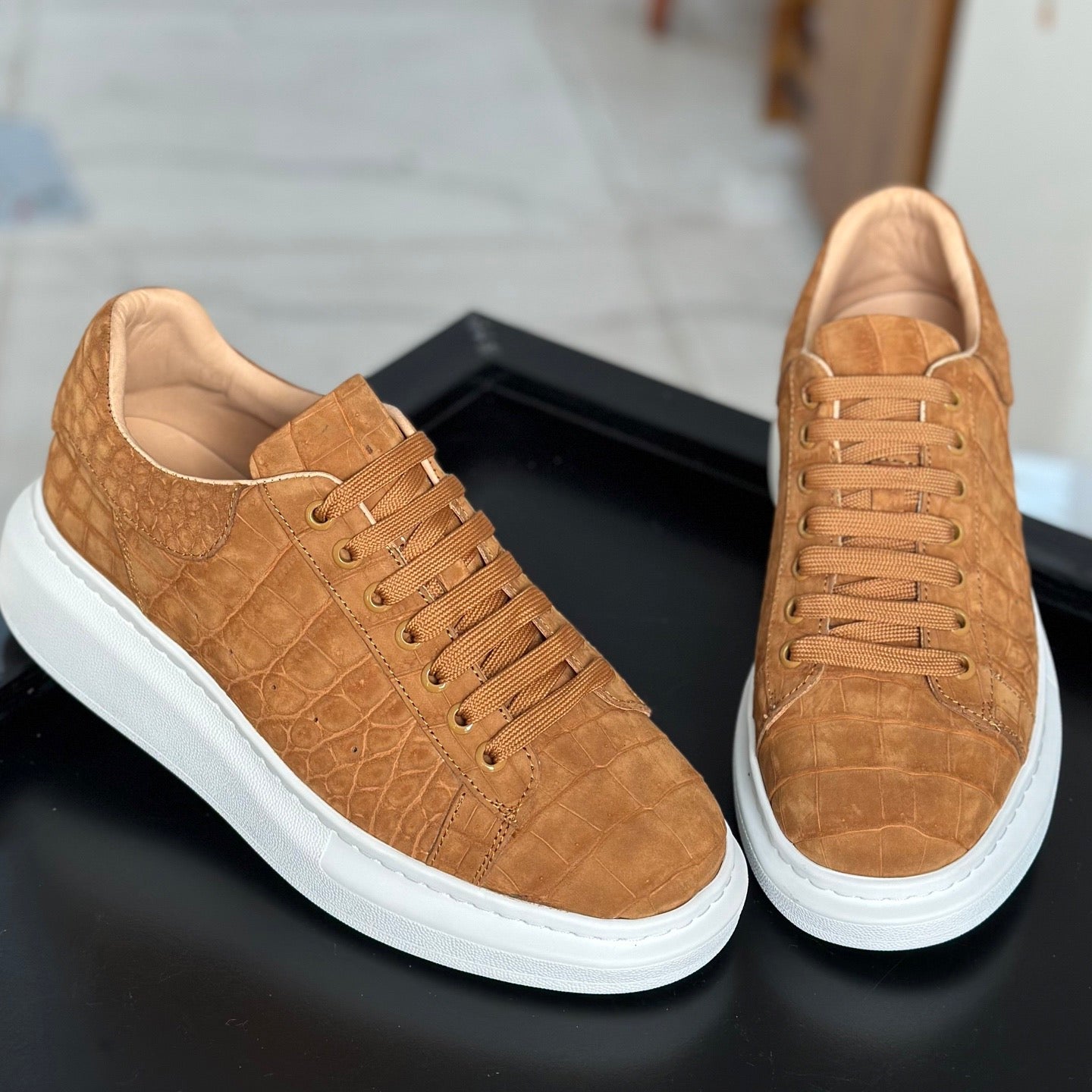 Crocodile Sneakers , Nubuck Genuine Crocodile Leather Sneakers Tan