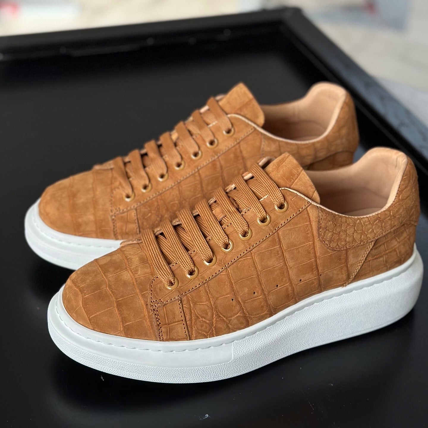 Crocodile Sneakers , Nubuck Genuine Crocodile Leather Sneakers Tan