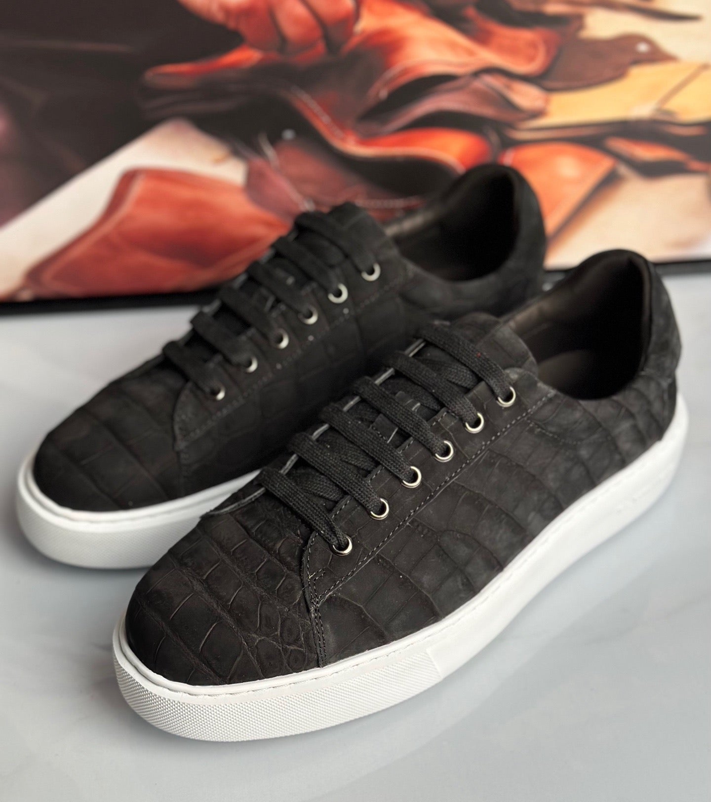 Crocodile Sneakers , Nubuck Genuine Crocodile Leather Sneakers Black