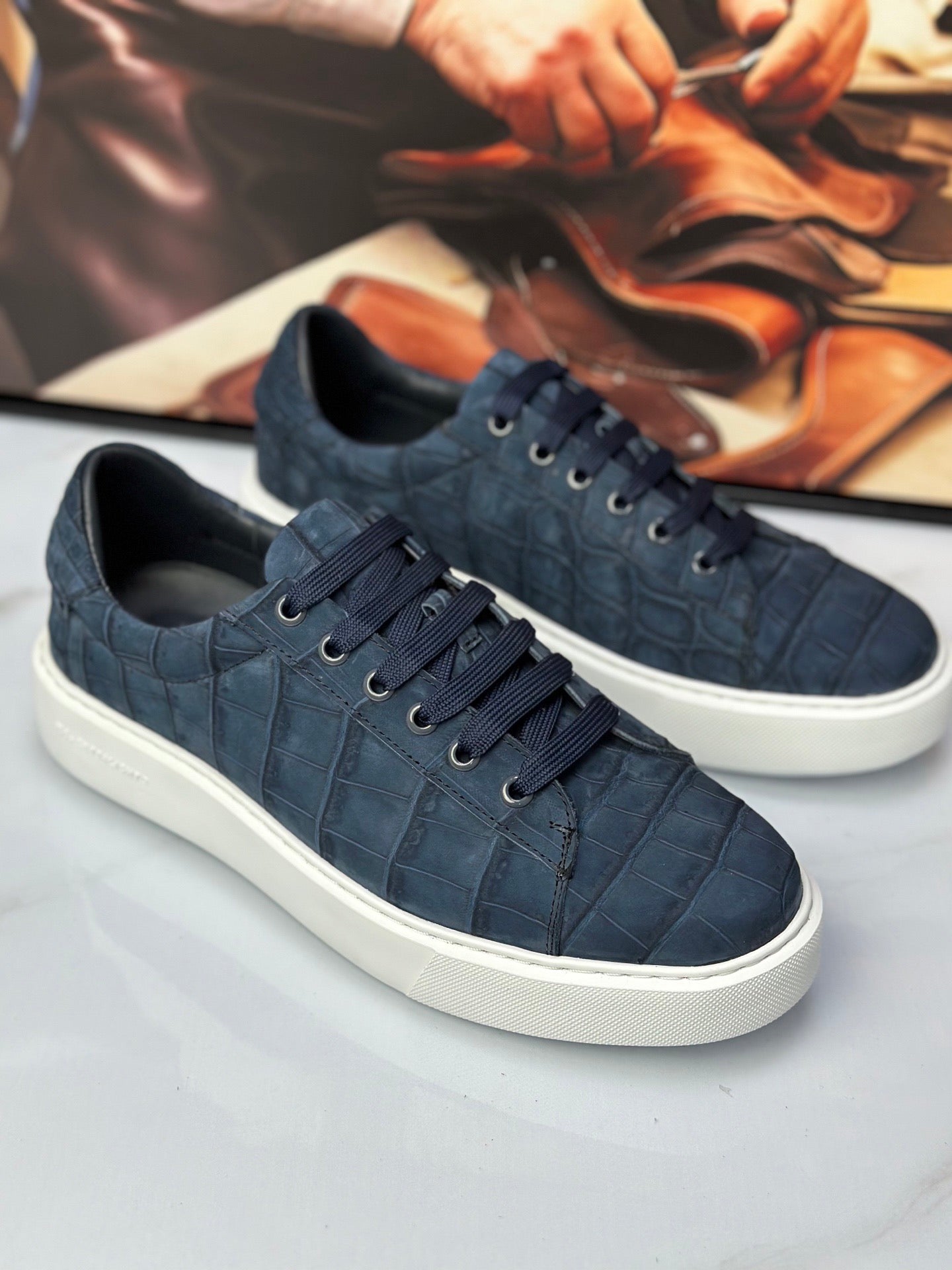 Crocodile Sneakers , Nubuck Genuine Crocodile Leather Sneakers Dark Blue