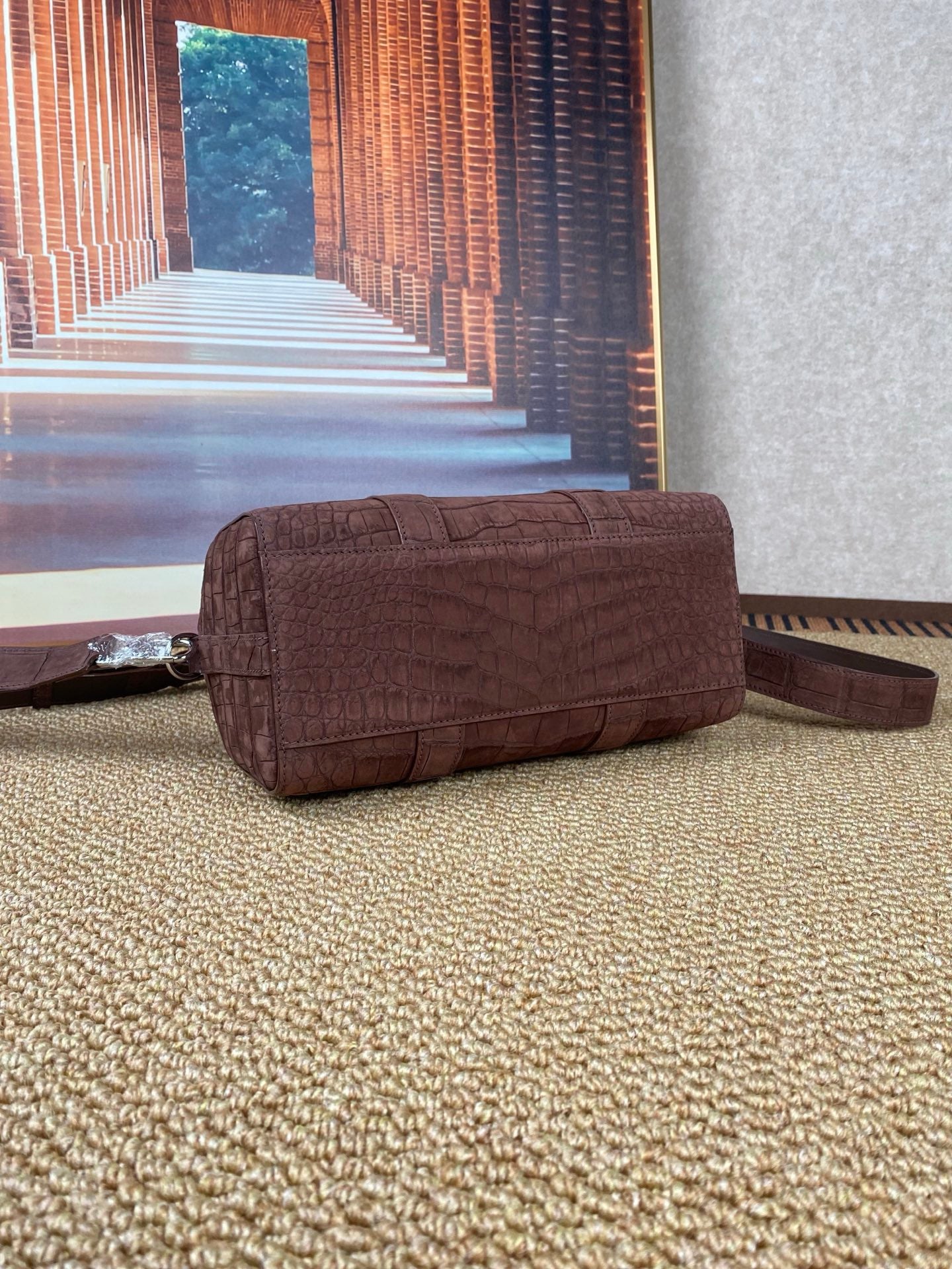 Men's Nubuck Crocodile Leather Crossbody Bag Brown