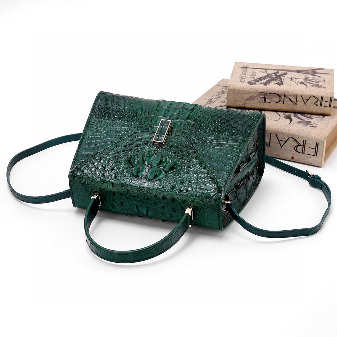 Genuine Crocodile Skin Bone Leather Top Handle Bags Dark Green