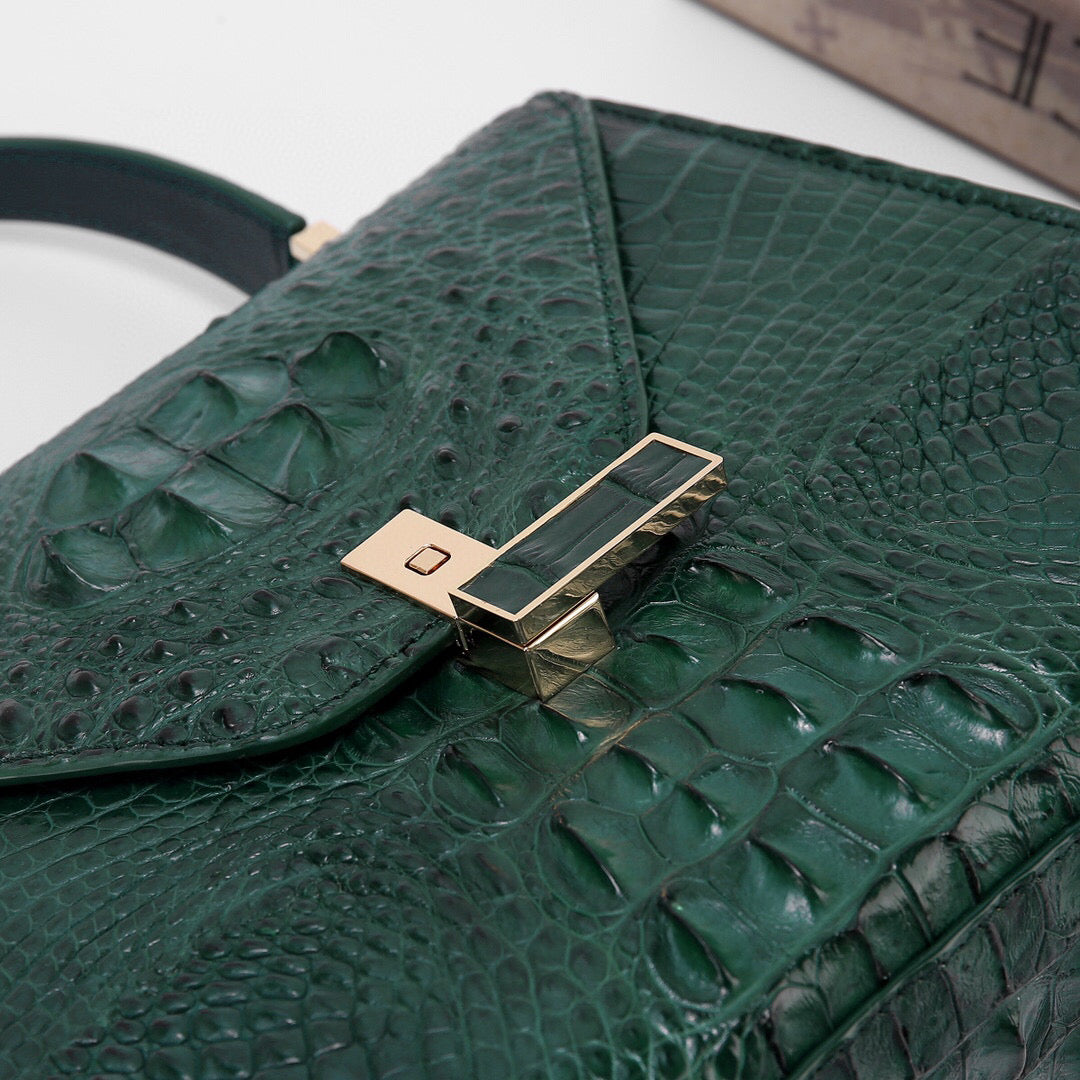 Genuine Crocodile Skin Bone Leather Top Handle Bags Dark Green